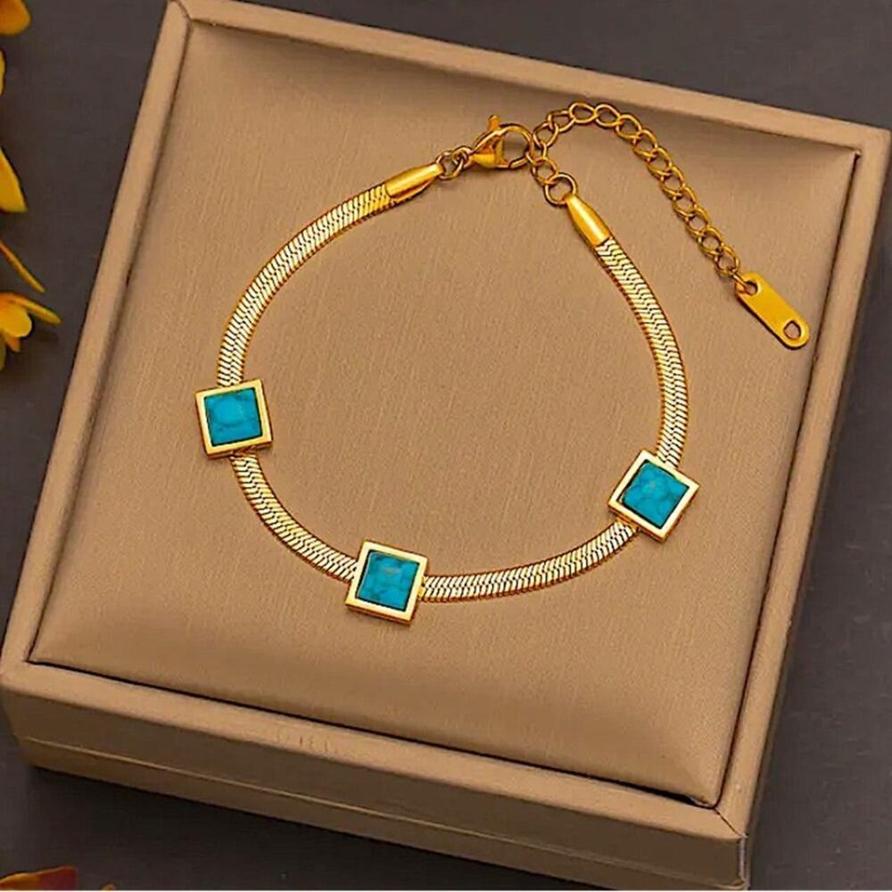 Gold Turquoise Charm Bracelet Herringbone Pendant